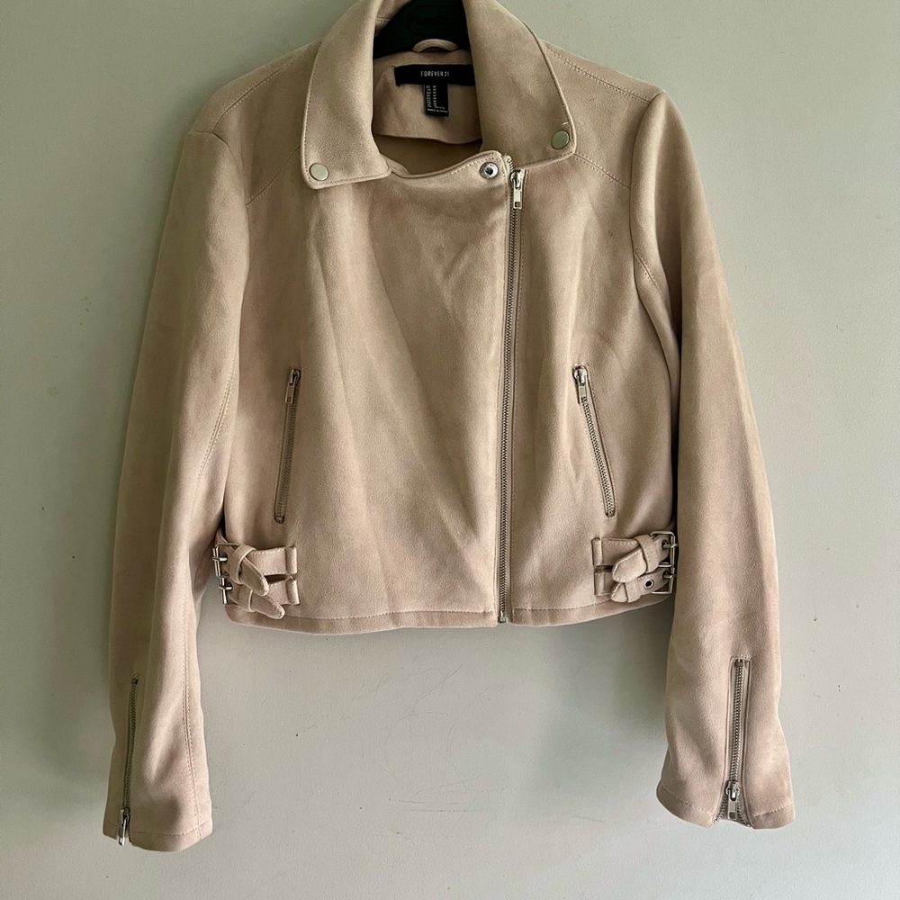 Forever 21 Faux Suede Moto Jacket Tan Nude Biker Crop Size S
